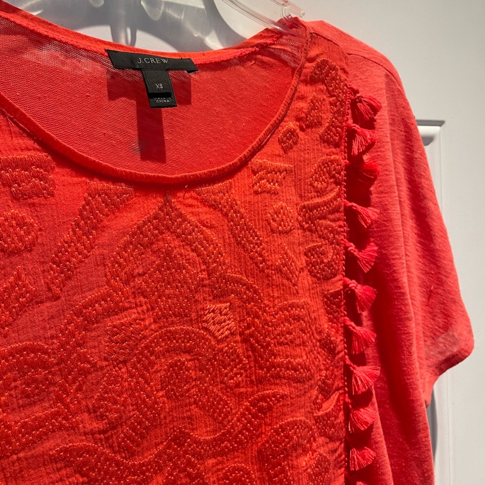 J. Crew Linen Coral Tassels Embroidered Boho Short Sleeve Top Size Oversized XS - Picture 8 of 10